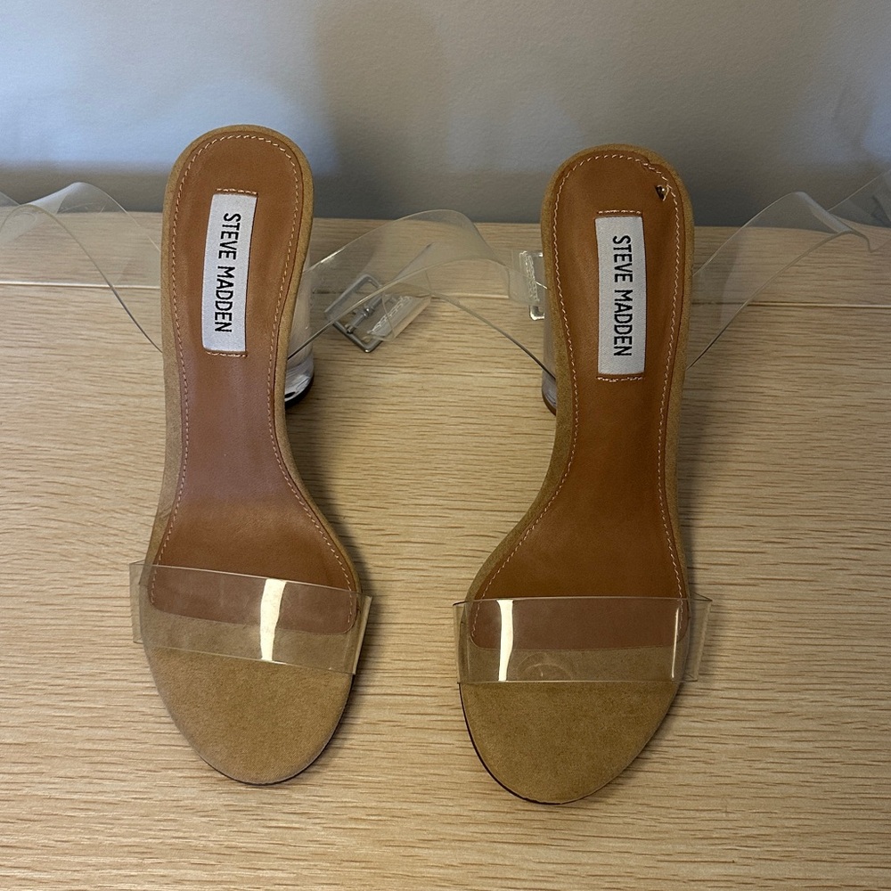 Steve Madden Clear Strap Tan Slide Heels